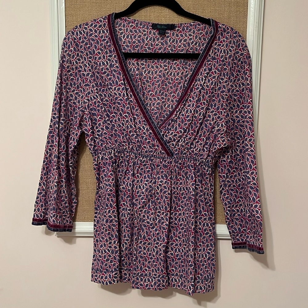 Boden blouse. Purple and blue leaf pattern. Size UK 14.